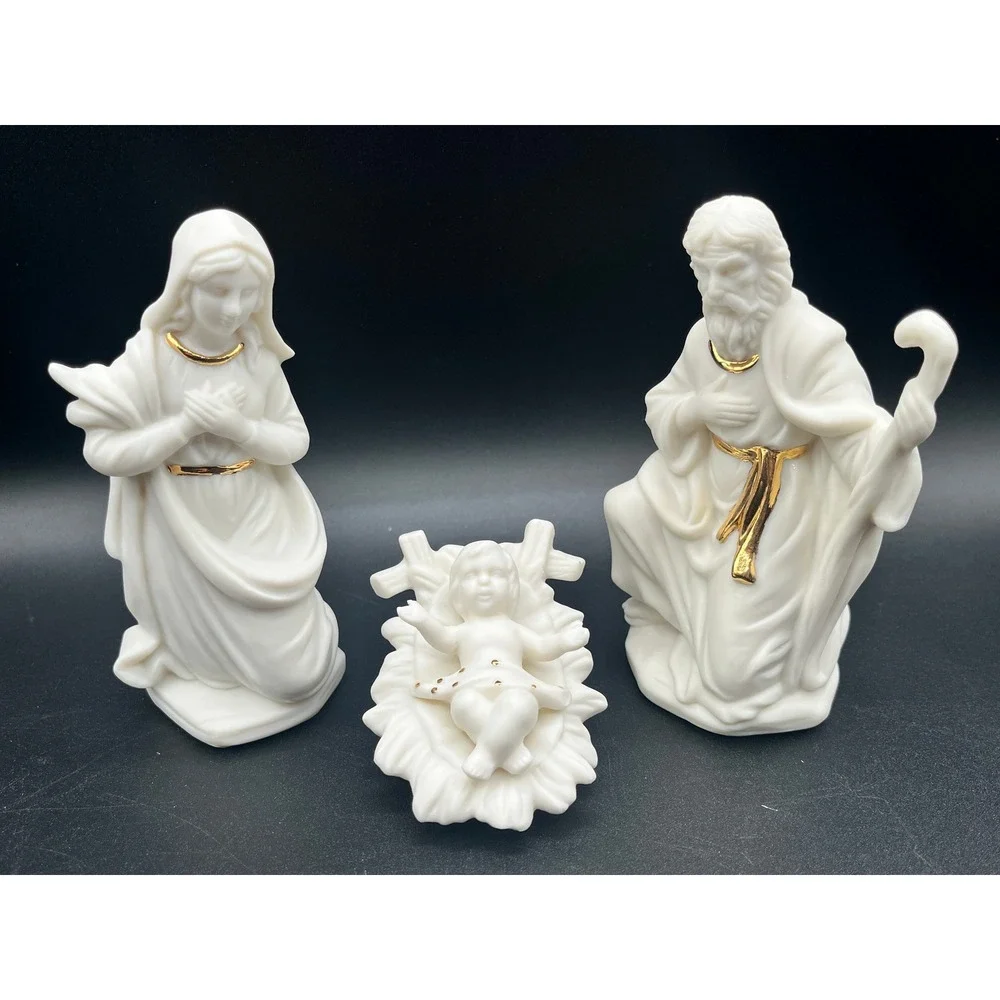 St Nicholas Square Jade Porcelain 9 Piece Nativity Set White Gold Trim Christmas